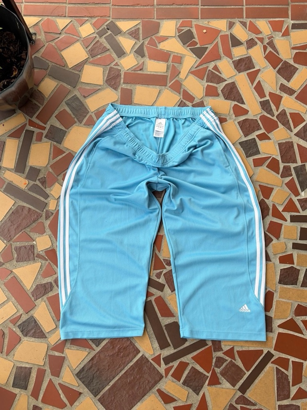 Wide leg baby blue Adidas capri with white striped